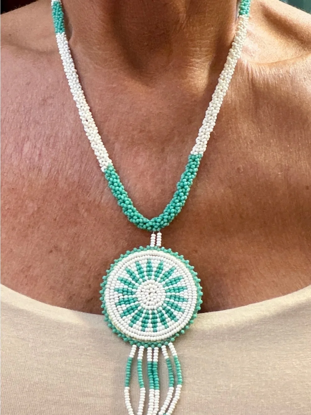 Turquoise and White Beaded Medallion Necklace Set